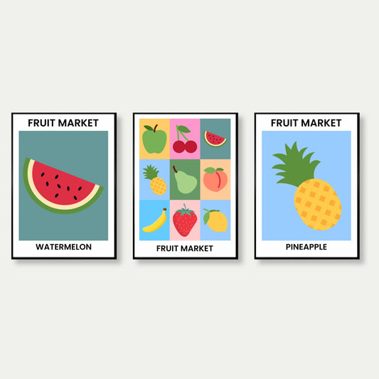 Set Of 3 Fruit Prints Watermelon Pineapple Fruit Market