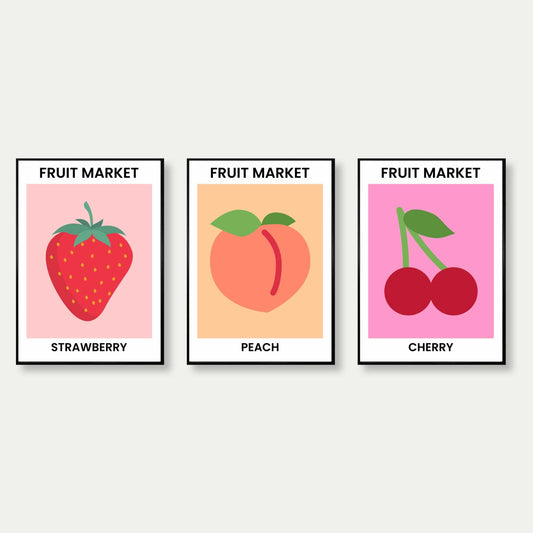 Set Of 3 Fruit Prints - Strawberry, Peach & Cherry
