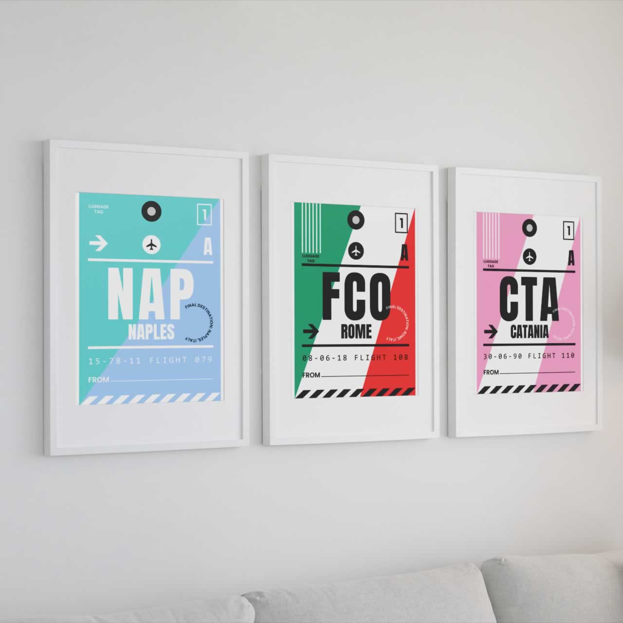 Italian Travel Wall Art Set Of 3 Prints - Rome, Naples & Catania
