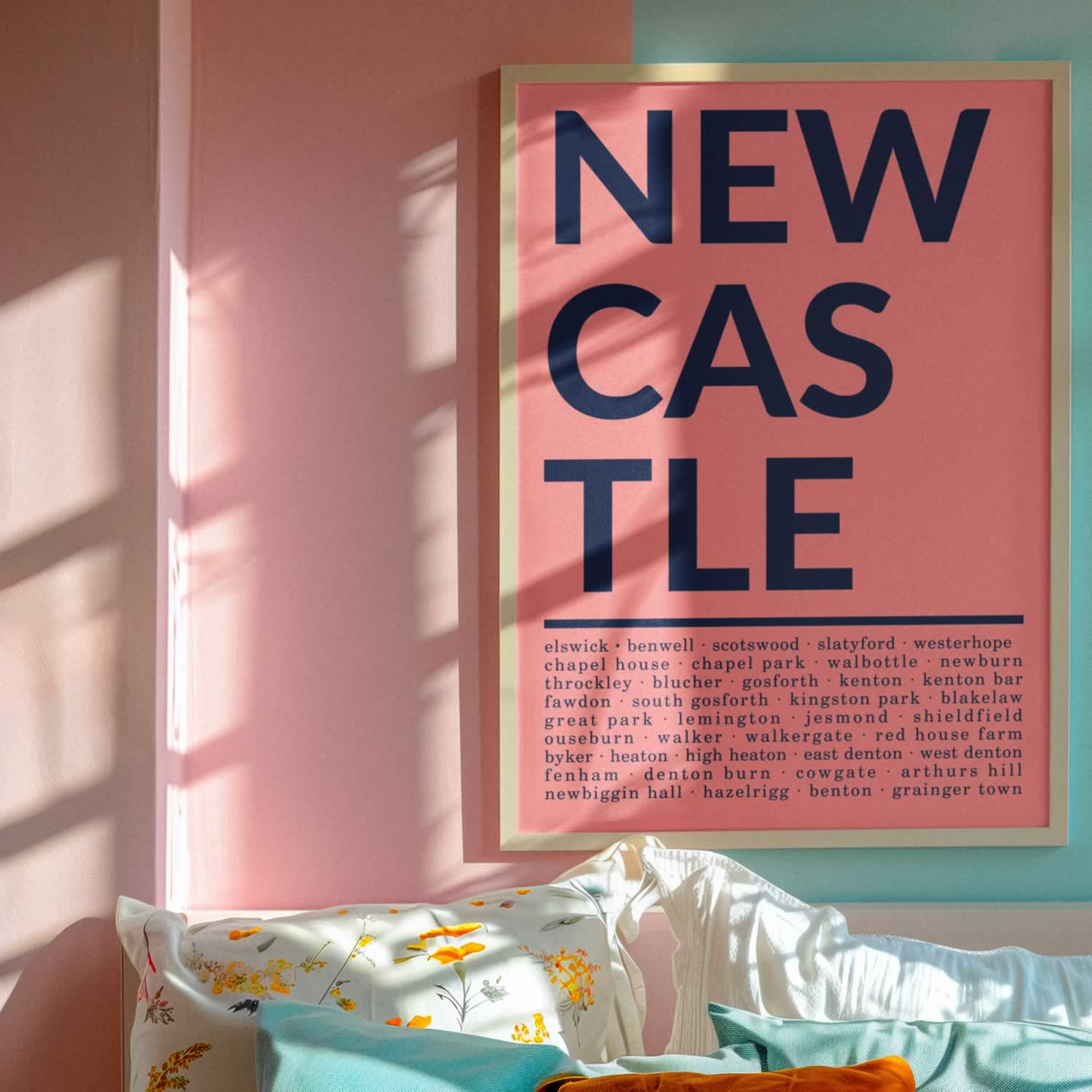 Newcastle Areas Wall Art On Bedroom Wall In Pink