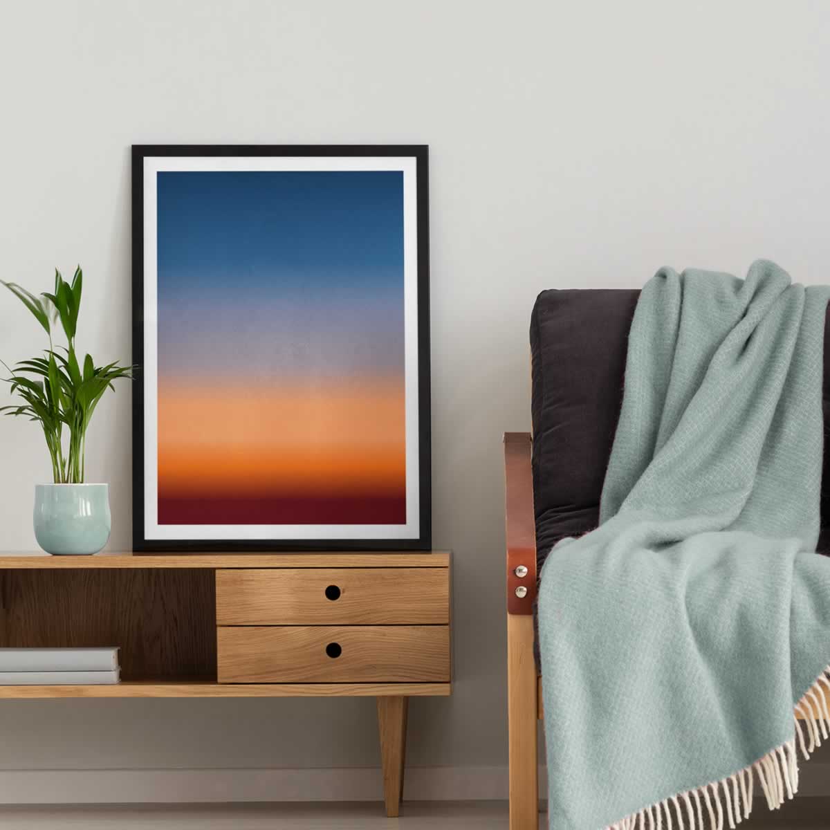 Dark Sunrise Blue Orange Gradient Print For Living Room