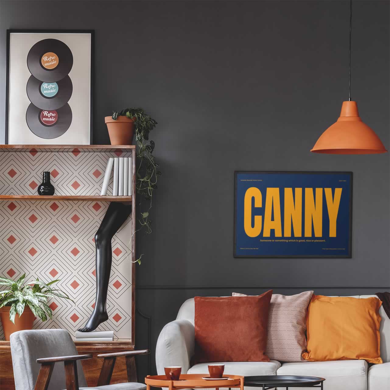 Canny Newcastle Slang Print Blue Orange Edition Hanging In Living room