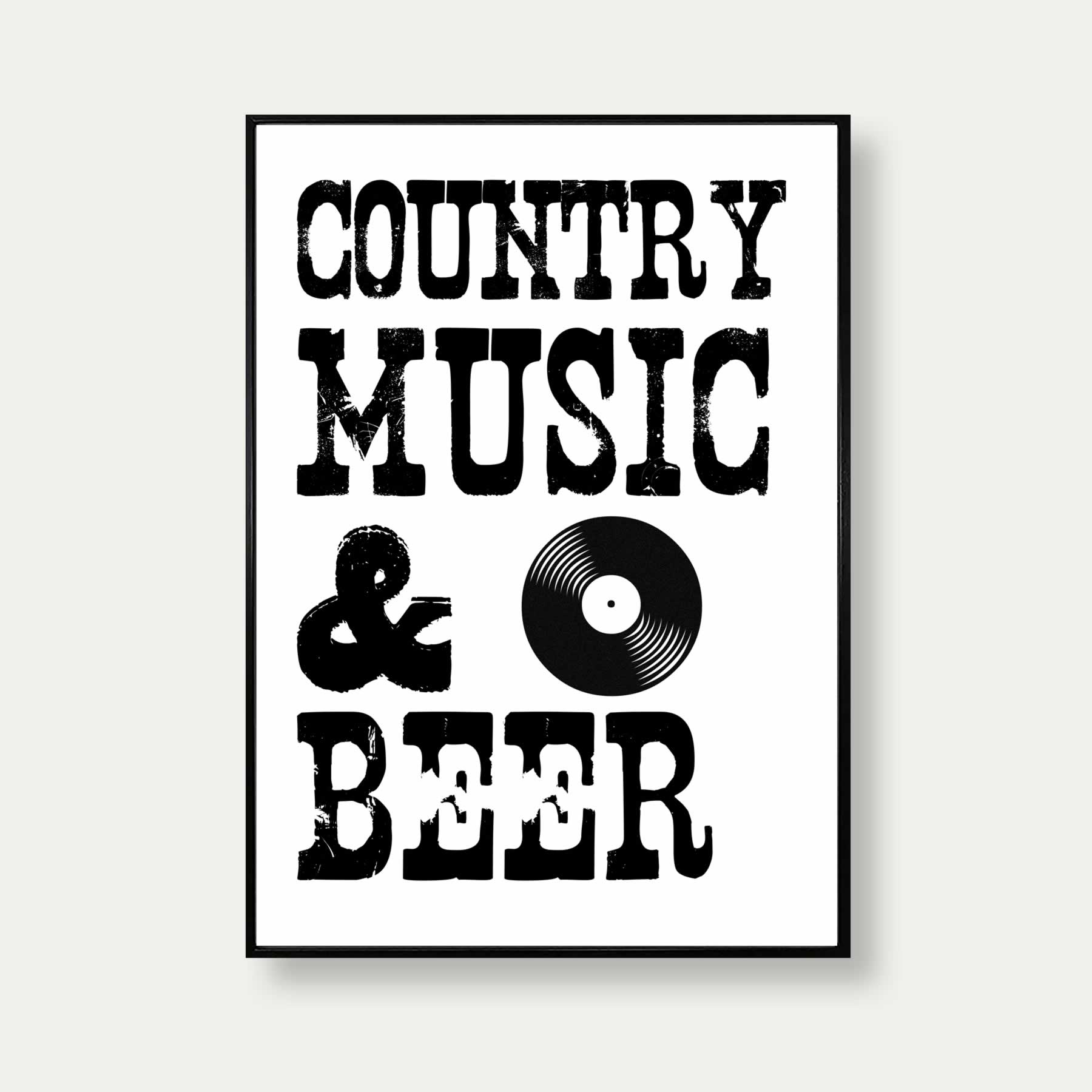 Country Music And Beer Print In White And Black
