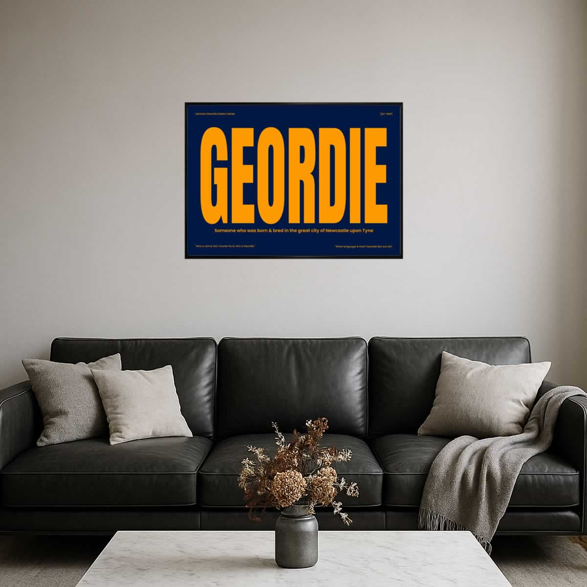Geordie Dialect Newcastle Print In Blue And Orange For Living Room