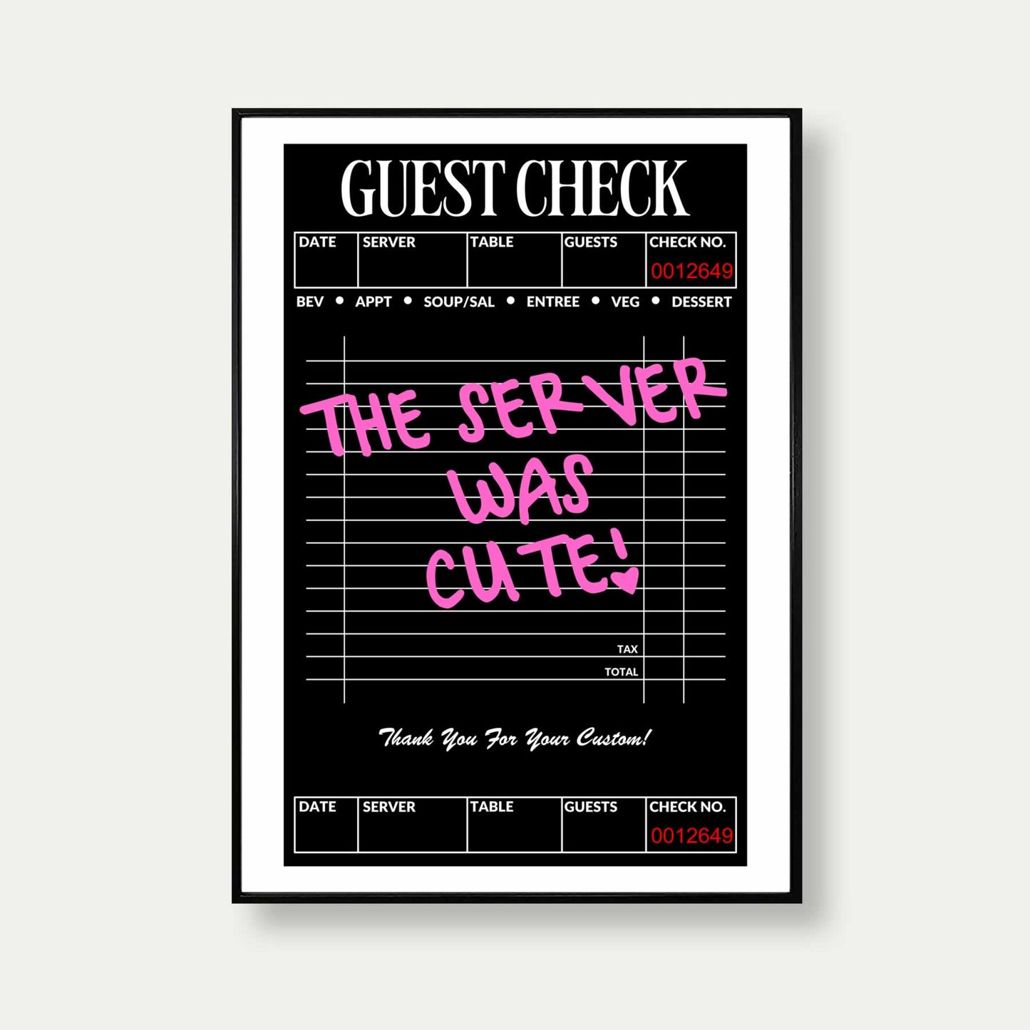 Guest Check Artwork Print In black