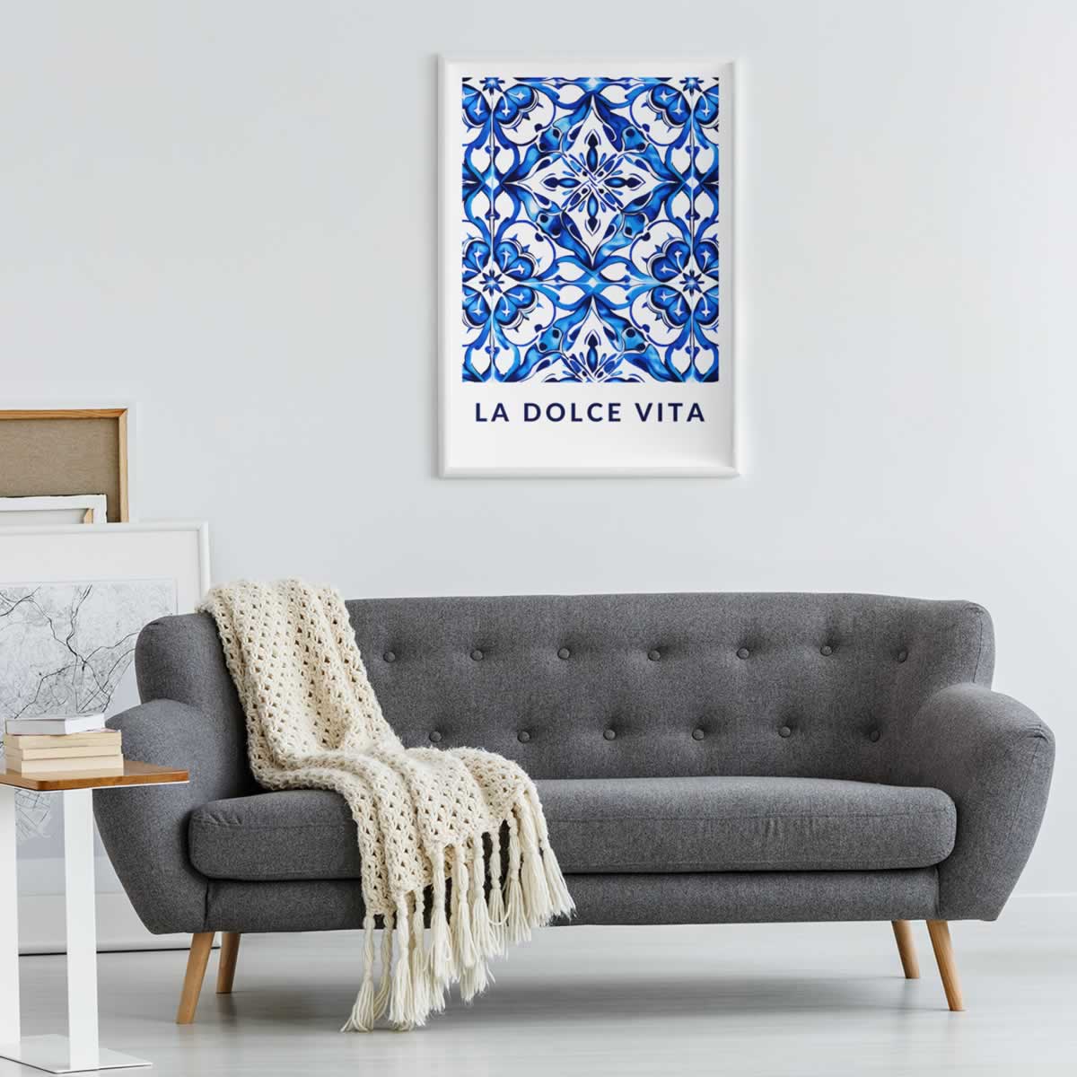 Blue Tile Pattern Art Print Above The Sofa