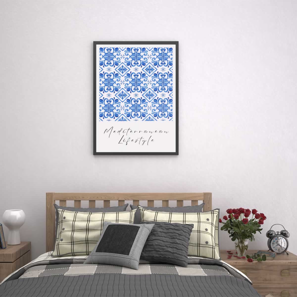Mediterranean Lifestyle Blue Tile Mosaic Print In The Bedroom