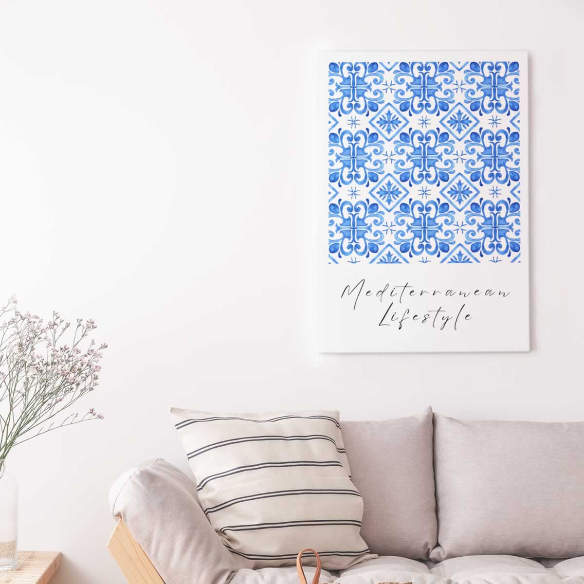 Mediterranean Lifestyle Blue Tile Mosaic Print In The Living Room