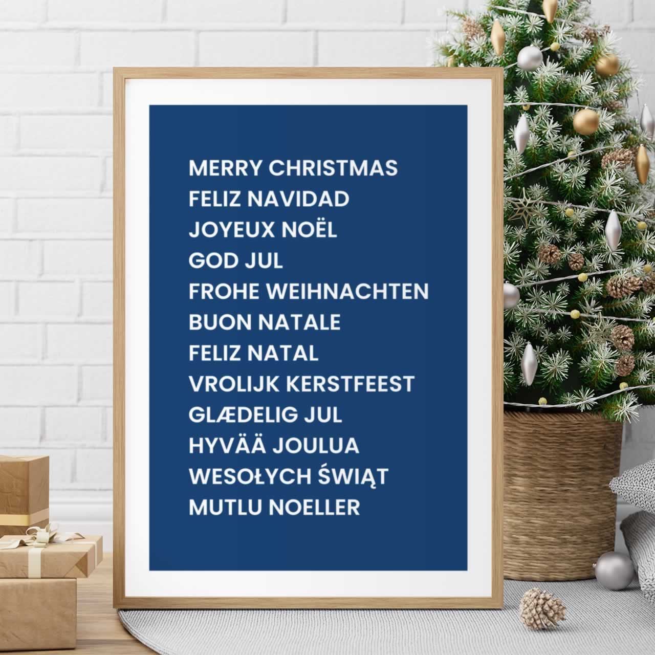 Merry Christmas In Different Languages Wall Art In Blue