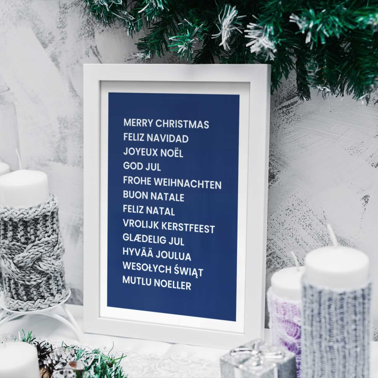 Merry Christmas In Different Languages Poster In Blue