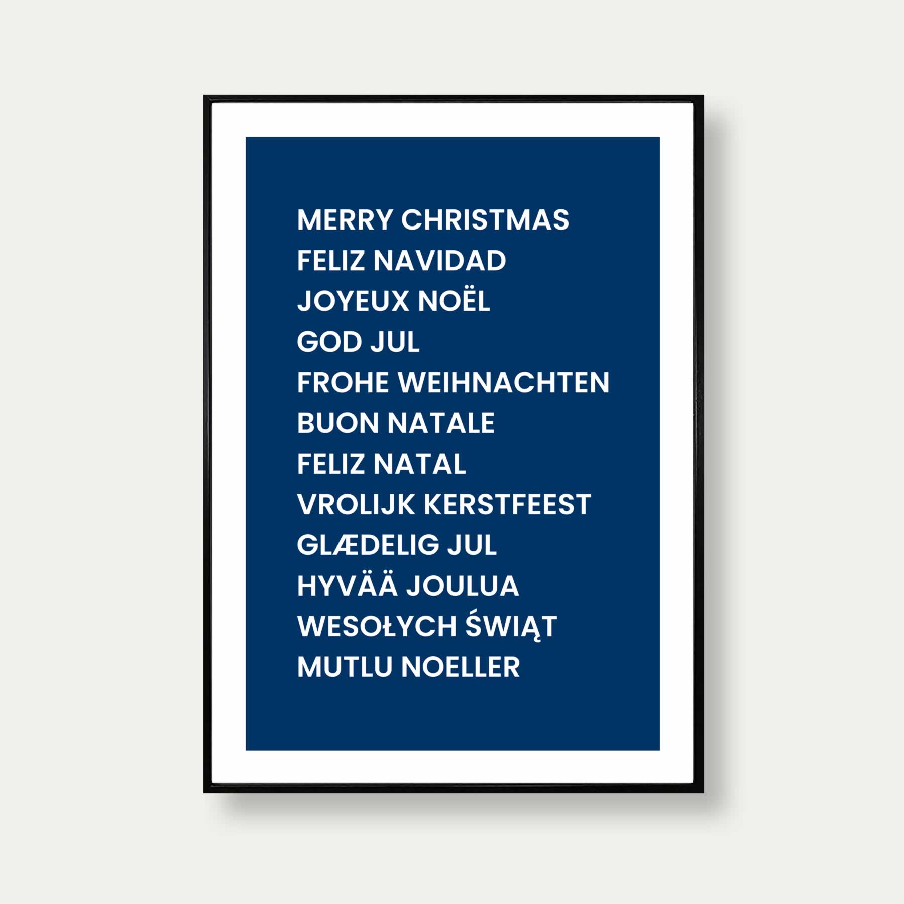 Merry Christmas In Different Languages Print In Blue