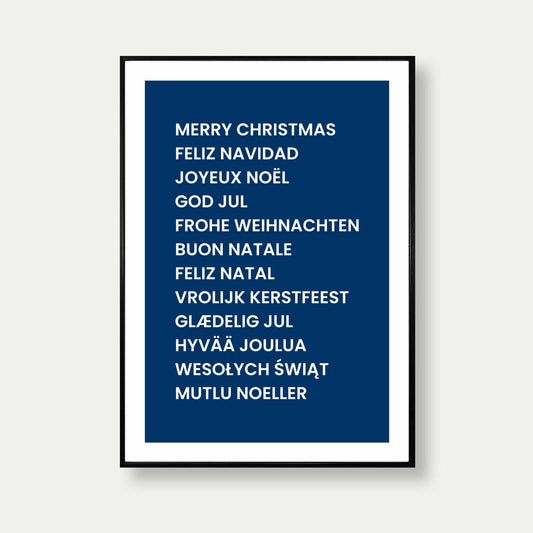 Merry Christmas In Different Languages Print In Blue