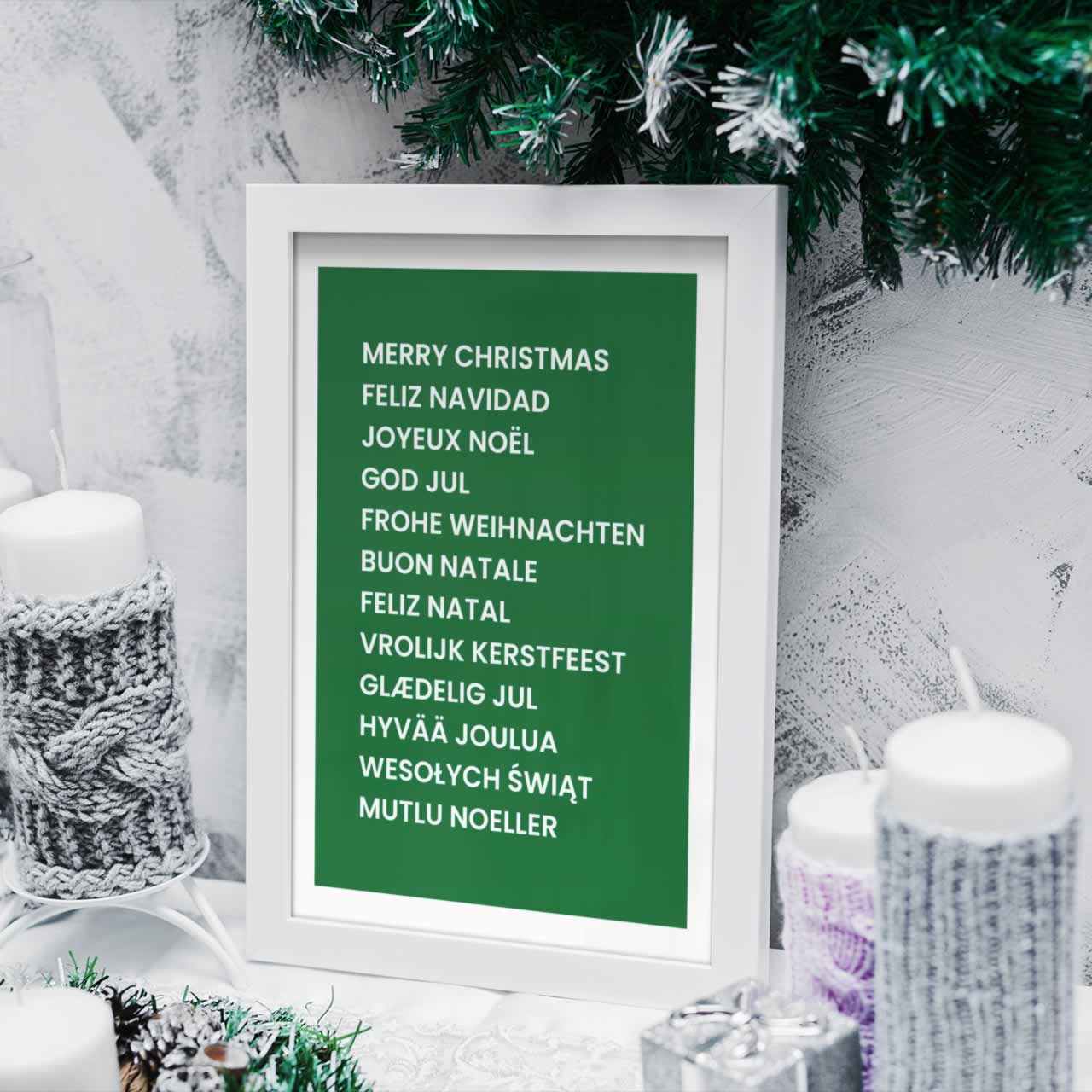 Merry Christmas In Different Languages Poster In Green