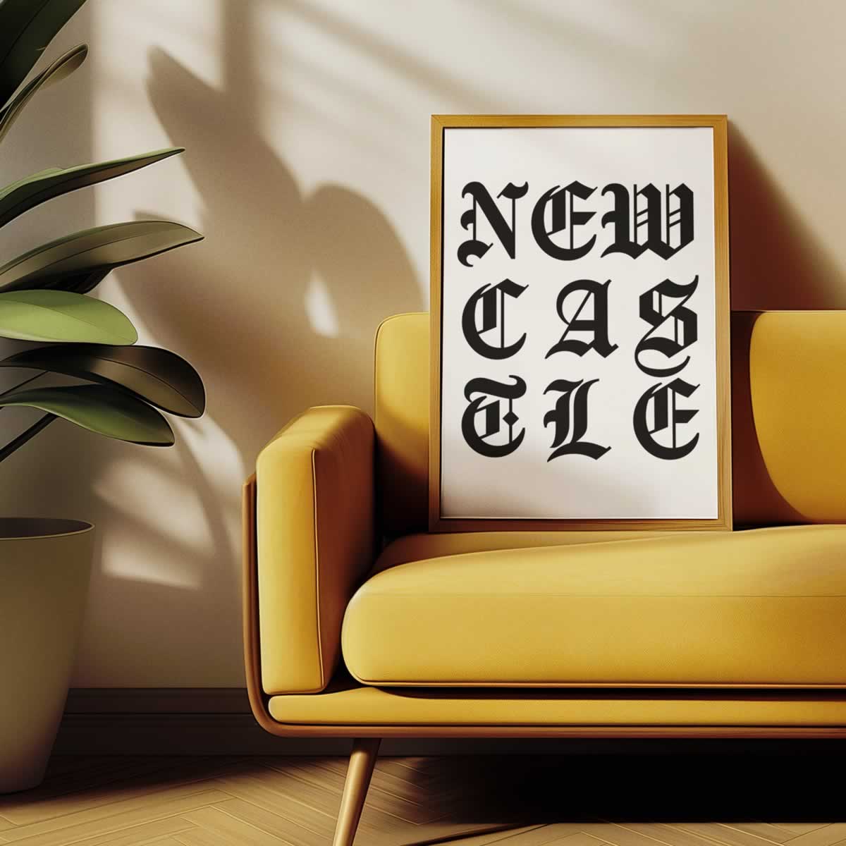 Newcastle Old English Typography Print On Sofa